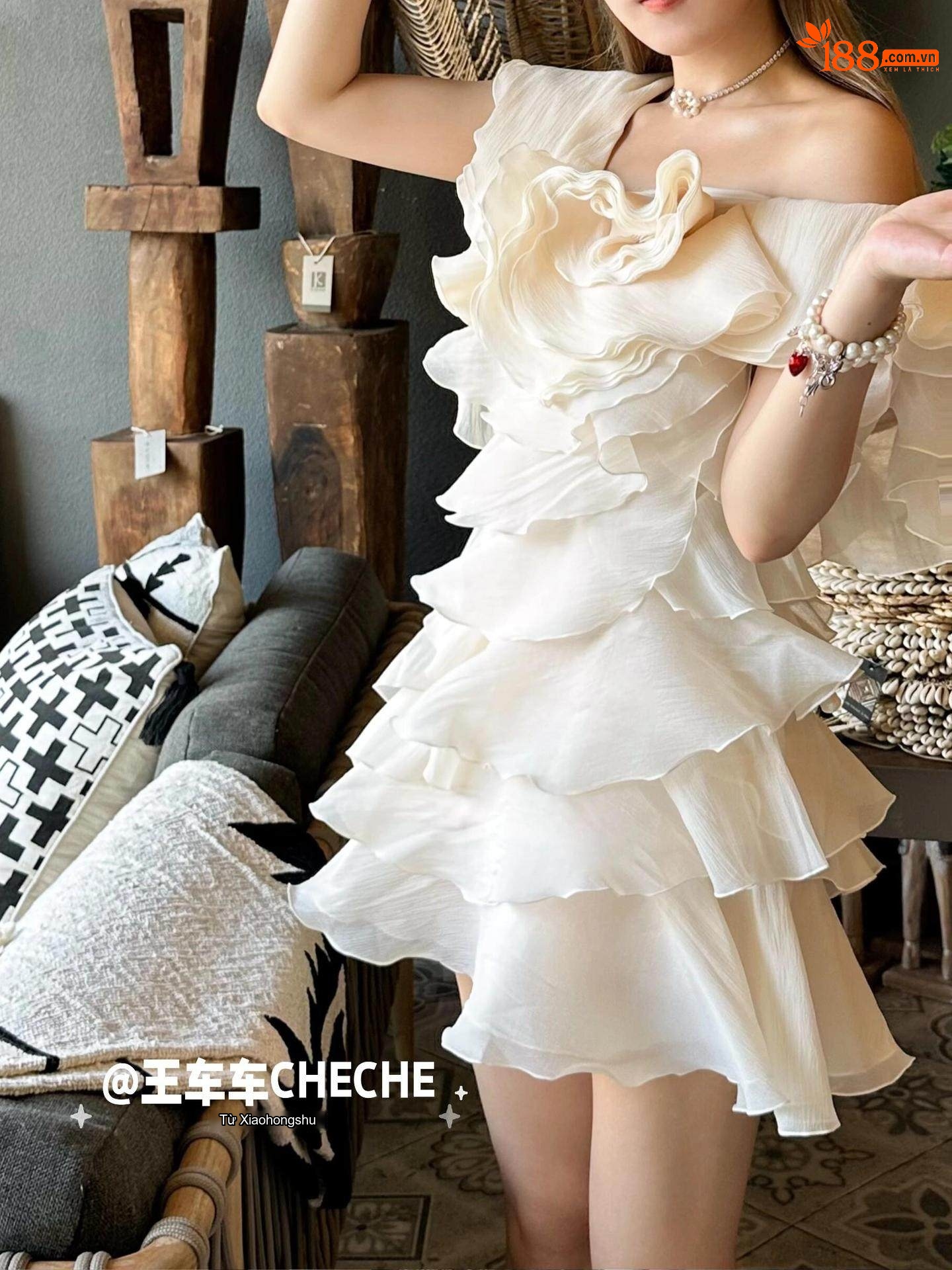 Váy Ngắn Nữ Hở Vai Bèo Nhún Hoa 3D Phong Cách Tiểu Thư Màu Trắng, Hồng chi tiết 14