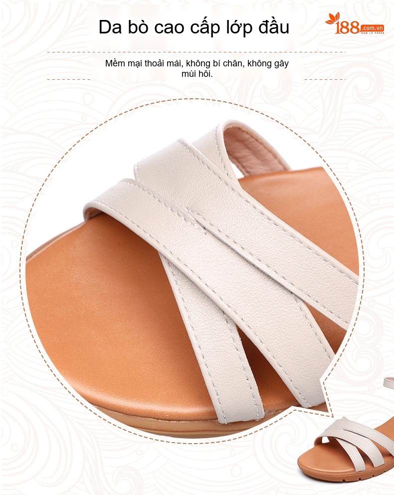 Dép Sandal Nữ Da Thật Quai Chéo Đế Mềm Chống Trượt Đế Cao 3cm - 4cm Màu Đỏ, Nâu, Đen, Kem chi tiết 4