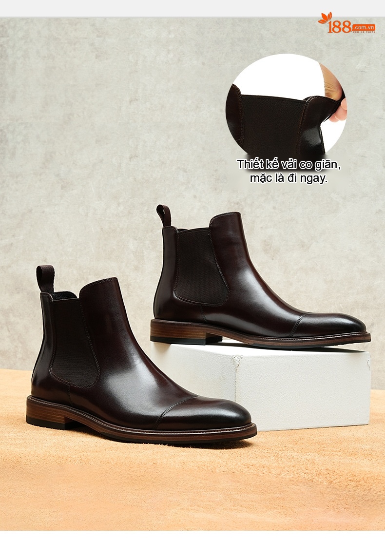 Chelsea Boots Nam Da Bò Cao Cổ Phong Cách Anh Quốc Chiều Cao Đế Khoảng 3cm Màu Đen, Nâu chi tiết 4