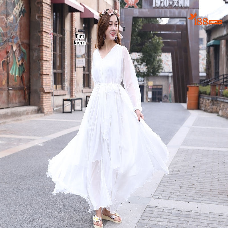 Váy Maxi Nữ Tay Dài Voan Mỏng Đi Biển Mùa Hè Màu Hồng, Tím, Trắng, Đen...