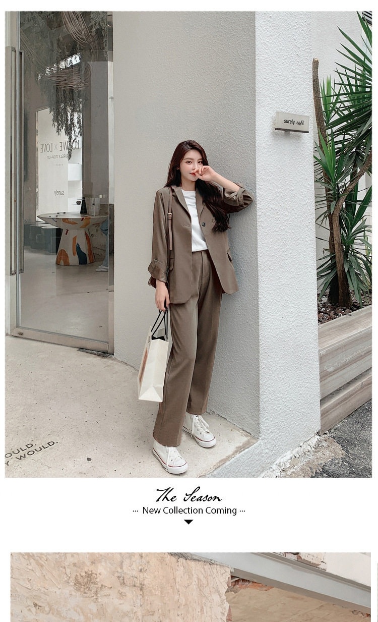 Bộ Vest Nữ Áo Khoác Tay Dài Quần Dài Ống Rộng Phong Cách Hàn Quốc Màu Nâu, Hồng, Xanh... chi tiết 17