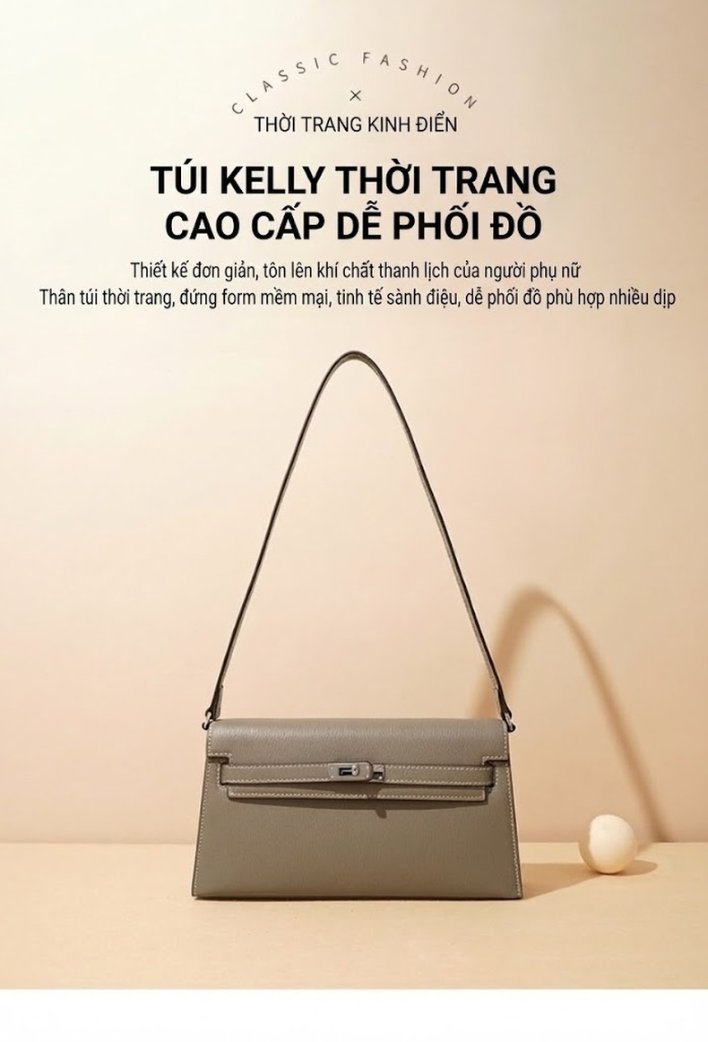 Túi Kelly Da Thật Dáng Hộp Size 26cm Đeo Vai, Xách Tay Màu Xám, Đỏ, Nâu chi tiết 1