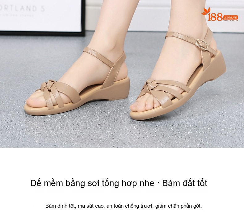 Dép Sandal Nữ Quai Ngang Da Bò Đế Cao 5cm - 6cm Màu Đen, Kem chi tiết 21