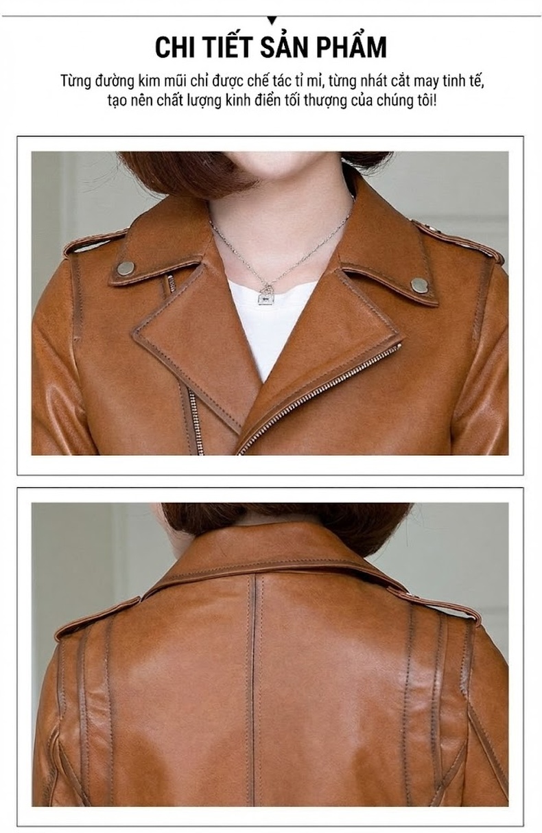 Áo Khoác Da Cừu Nữ Cổ chữ Vest Kiểu Ngắn Ôm Dáng Phong Cách Biker Màu Nâu chi tiết 16