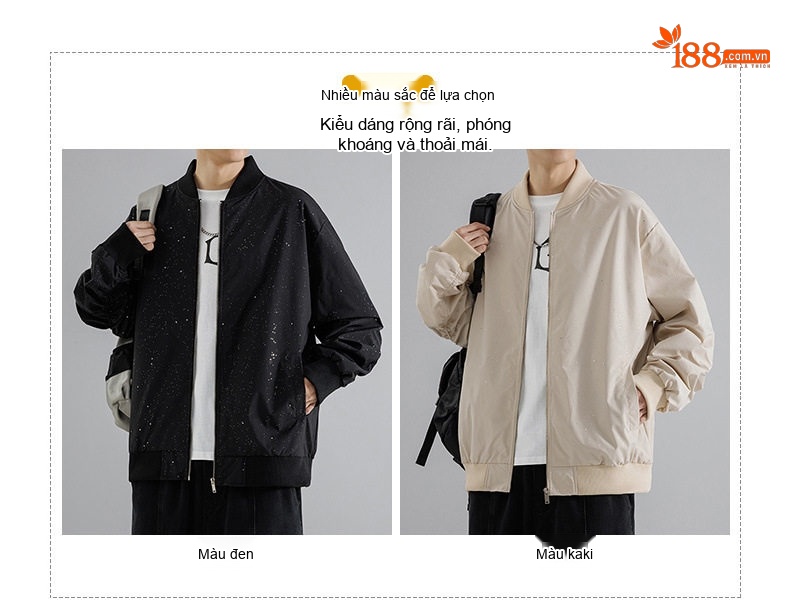 Áo Khoác Bomber Nam Họa Tiết Ánh Sao Phong Cách Retro Chống Thấm Nước Màu Đen, Be chi tiết 3