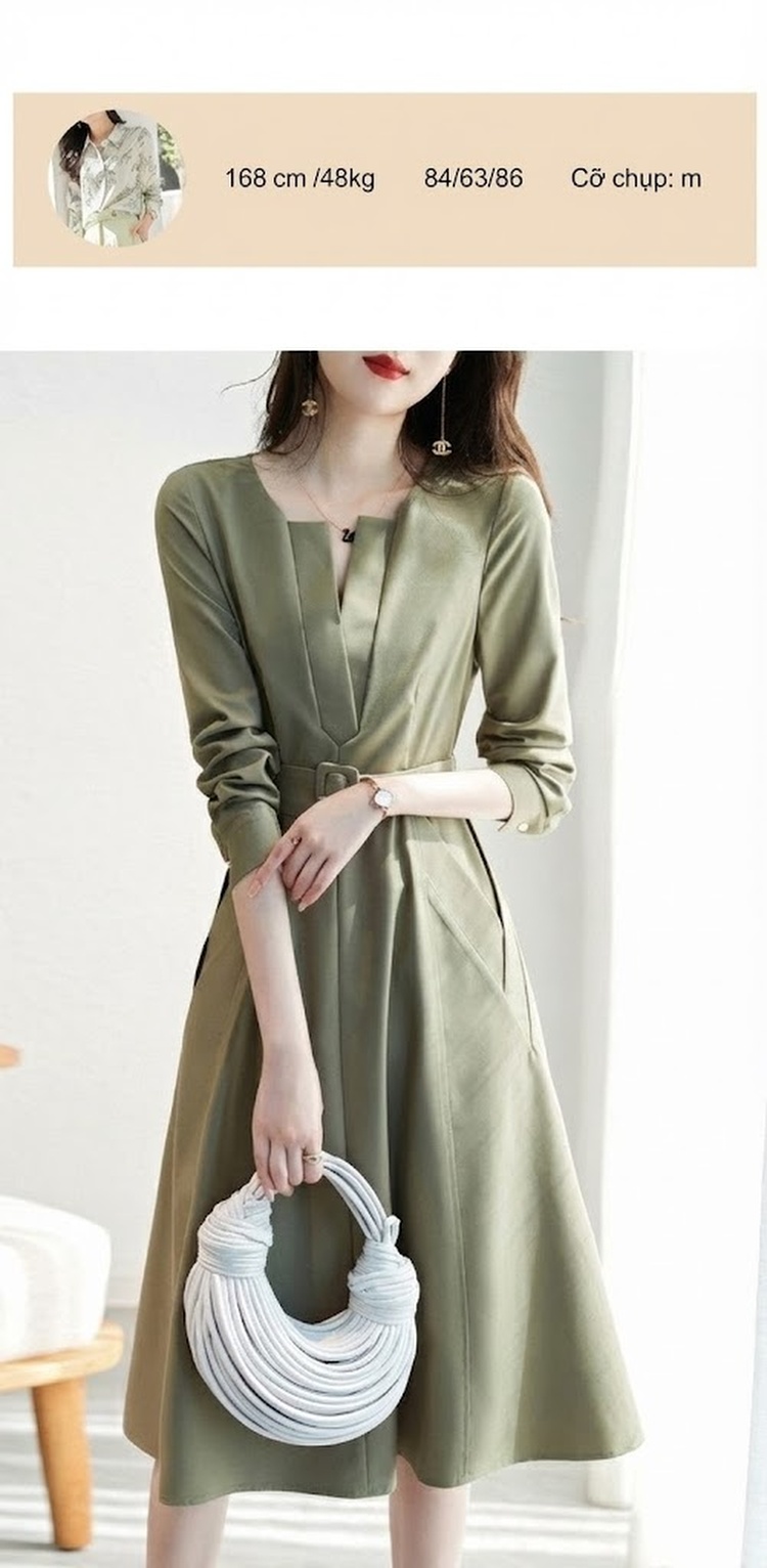 Váy Chữ A Nữ Cổ chữ V Tay Dài Tay Eo Cao Thanh Lịch Màu Xanh Olive, Đen chi tiết 7