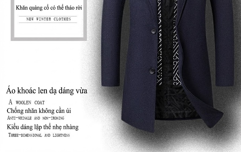 Áo Khoác Dạ Nam Dáng Dài Có Khăn Choàng Cổ Tháo Rời Dày Dặn Màu Xám, Đen, Xanh Navy, Cam... chi tiết 1