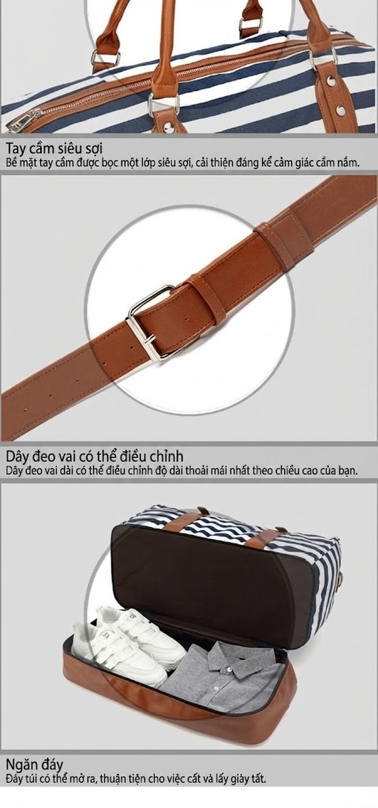 Túi Du Lịch Vải Canvas Chống Nước, Túi Xách Tay, Túi Tập Gym Màu Sọc Xanh Navy, Trắng chi tiết 11