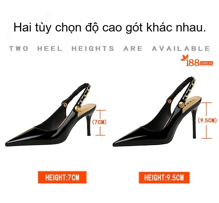 Giày Cao Gót Nữ Da Bóng Mũi Nhọn Hở Lưng Quai Hậu Trang Trí Xích Chiều Cao Đế Khoảng 6cm Màu Đen chi tiết 2