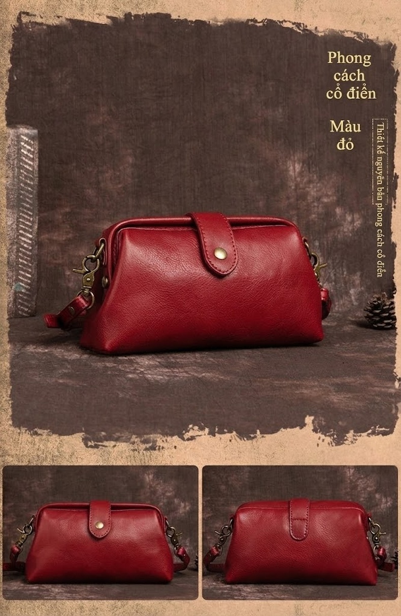 Túi Đeo Chéo Nữ Da Bò Thủ Công Vintage Dáng Nhỏ Màu Nâu, Đỏ chi tiết 9