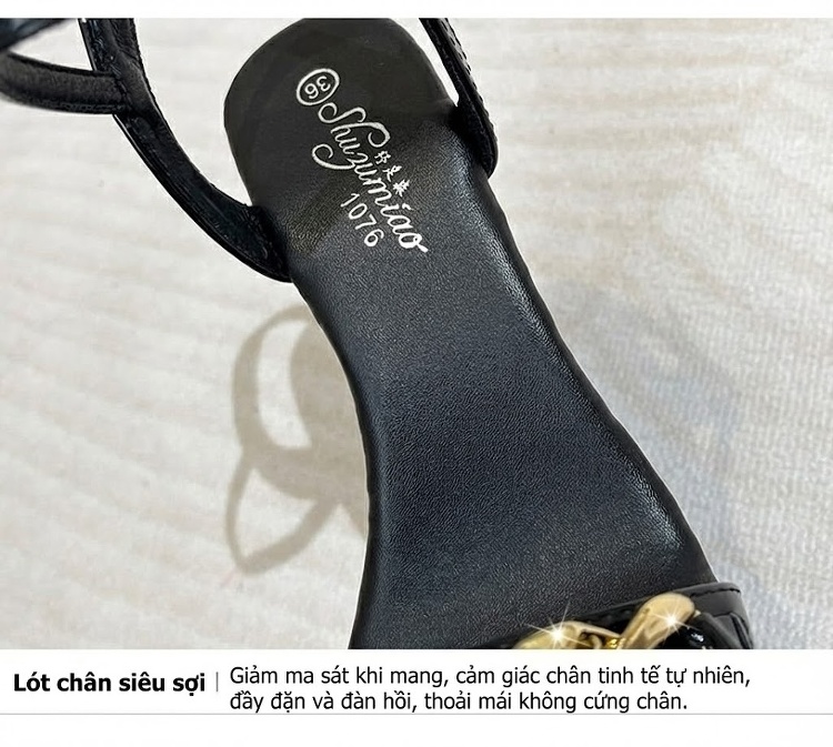 Giày Sandal Cao Gót Nữ Quai Mảnh Đế Xuồng Khóa Kim Loại Gót Cao 10cm - 12cm Màu Đen, Trắng chi tiết 4