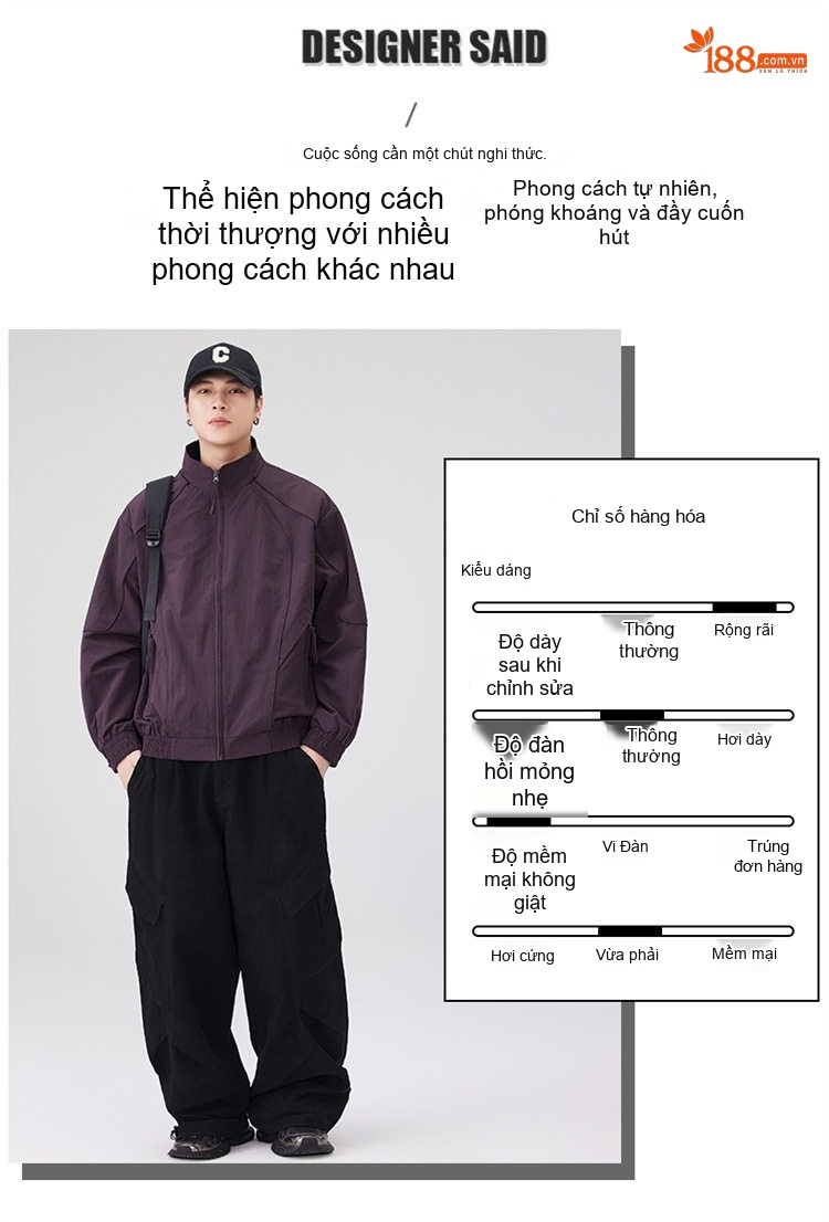 Áo Khoác Bomber Nam Cổ Trụ Dáng Rộng Phong Cách Mỹ Màu Đen, Tím chi tiết 2