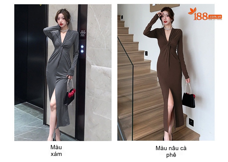Váy liền thân Nữ Dáng Ôm Tay Dài Xẻ Tà Phong Cách Quý Cô Màu Đỏ, Nâu, Xám, Đen... chi tiết 5