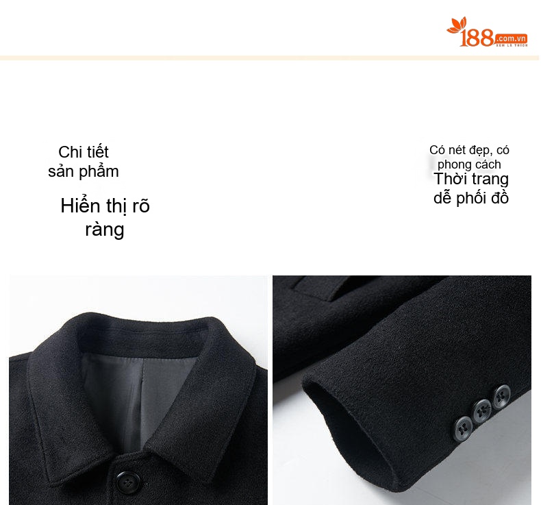 Áo Khoác Dạ Nam Trung Niên Dáng Dài Vừa Lông Cừu Màu Xám, Đen chi tiết 8