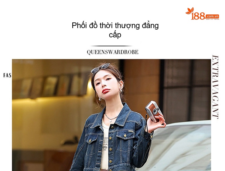 Set Bộ Quần Áo Nữ Jean/Denim Áo Khoác Lửng Quần Ống Rộng Phong Cách Hàn Quốc Màu Xanh Navy chi tiết 4