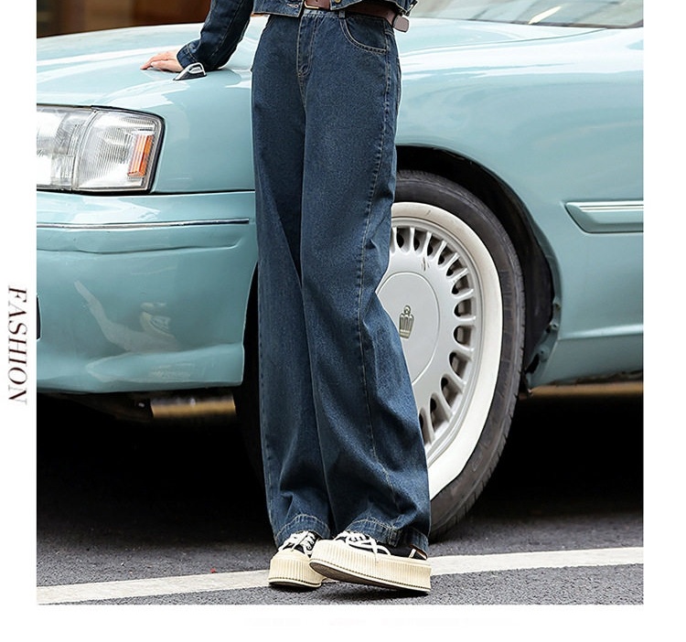 Set Bộ Quần Áo Nữ Jean/Denim Áo Khoác Lửng Quần Ống Rộng Phong Cách Hàn Quốc Màu Xanh Navy chi tiết 5