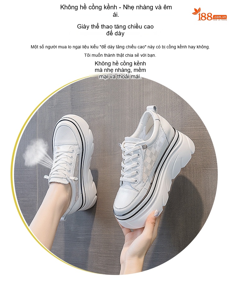 Giày Sneaker Nữ Da Bóng Đế Xuồng Chiều Cao Đế Khoảng 5cm Màu Trắng chi tiết 3