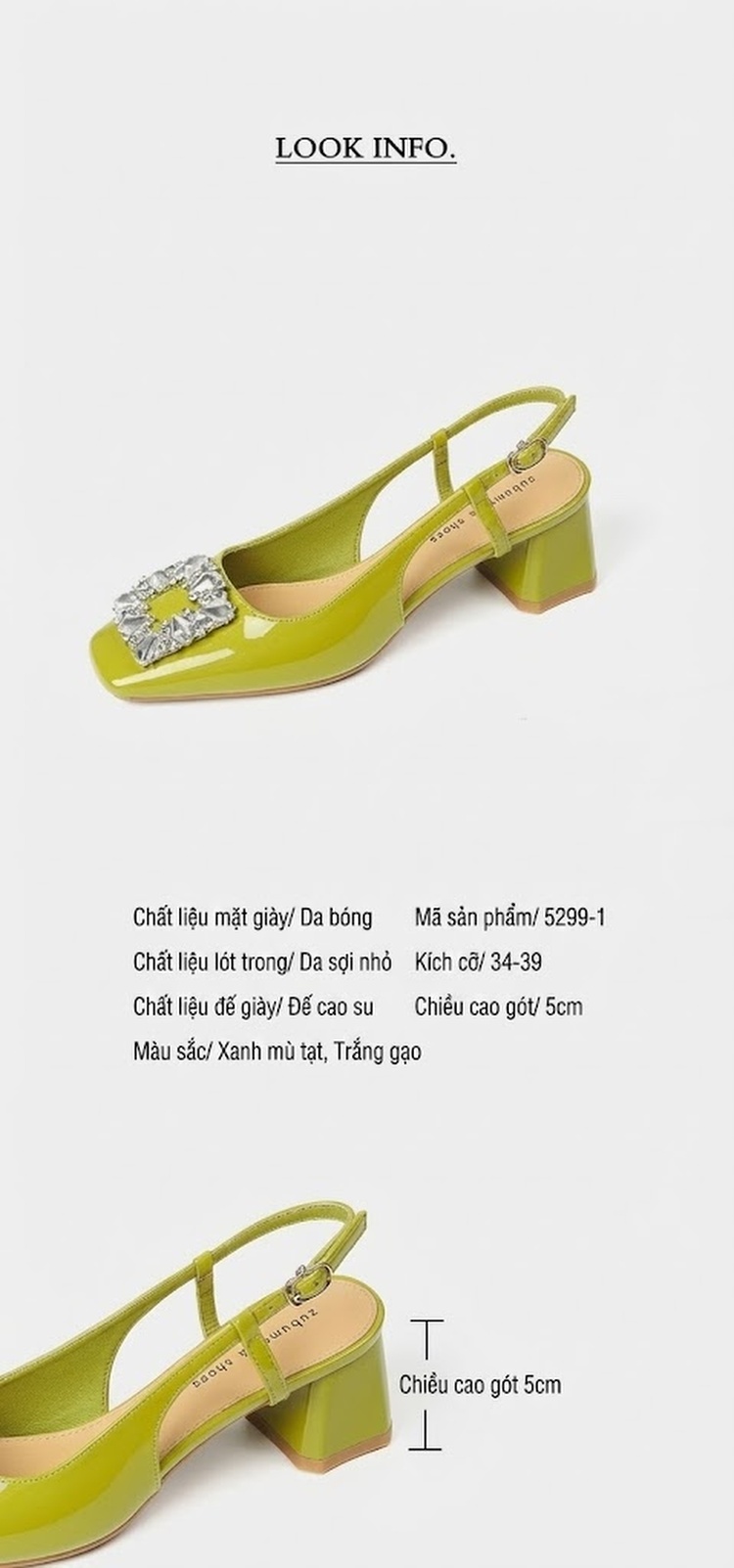 Giày Sandal Cao Gót Nữ Bít Mũi Quai Hậu Đính Đá Gót Vuông Da Bóng Gót Cao 5cm - 6cm Màu Xanh, Kem chi tiết 2