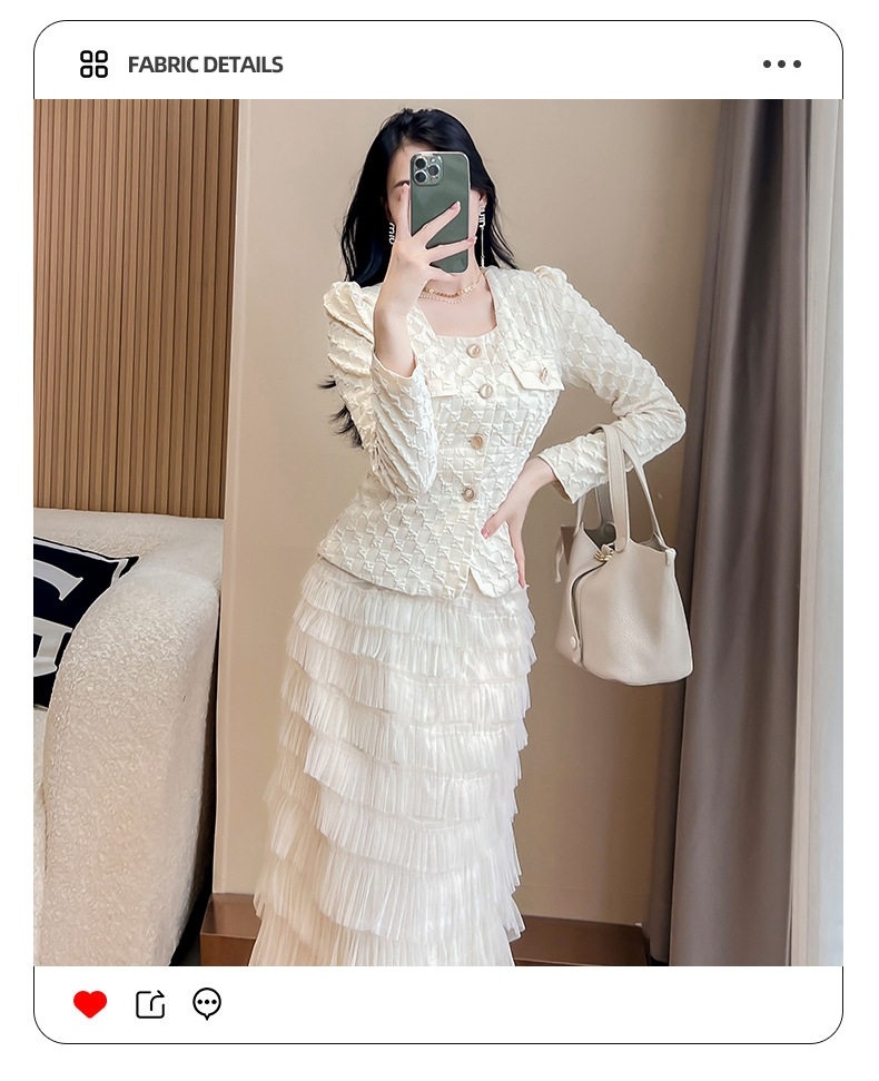 Set Áo Blazer và Chân Váy Xếp Tầng Nữ Tính Dự Tiệc Màu Xanh, Trắng chi tiết 7