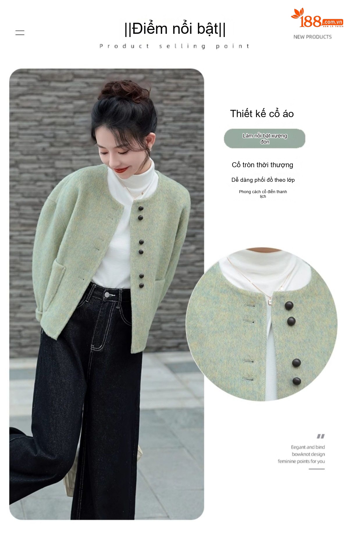 Áo Khoác Nữ Lông Cừu Hai Mặt Phong Cách Tiểu Thư Thanh Lịch Màu Xanh Lá chi tiết 6