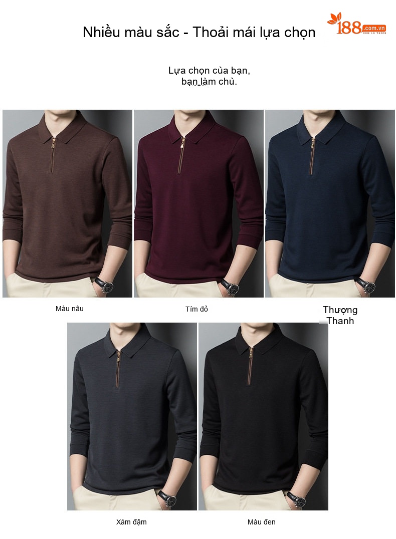 Áo Thun Polo Nam Lông Cừu Tay Dài Khóa Kéo Phong Cách Doanh Nhân Màu Đen, Xanh Navy, Nâu, Đỏ Rượu Vang... chi tiết 7