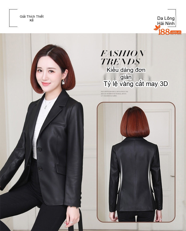 Áo Khoác Blazer Nữ Da Cừu Thật Dáng Ngắn Màu Đen chi tiết 2