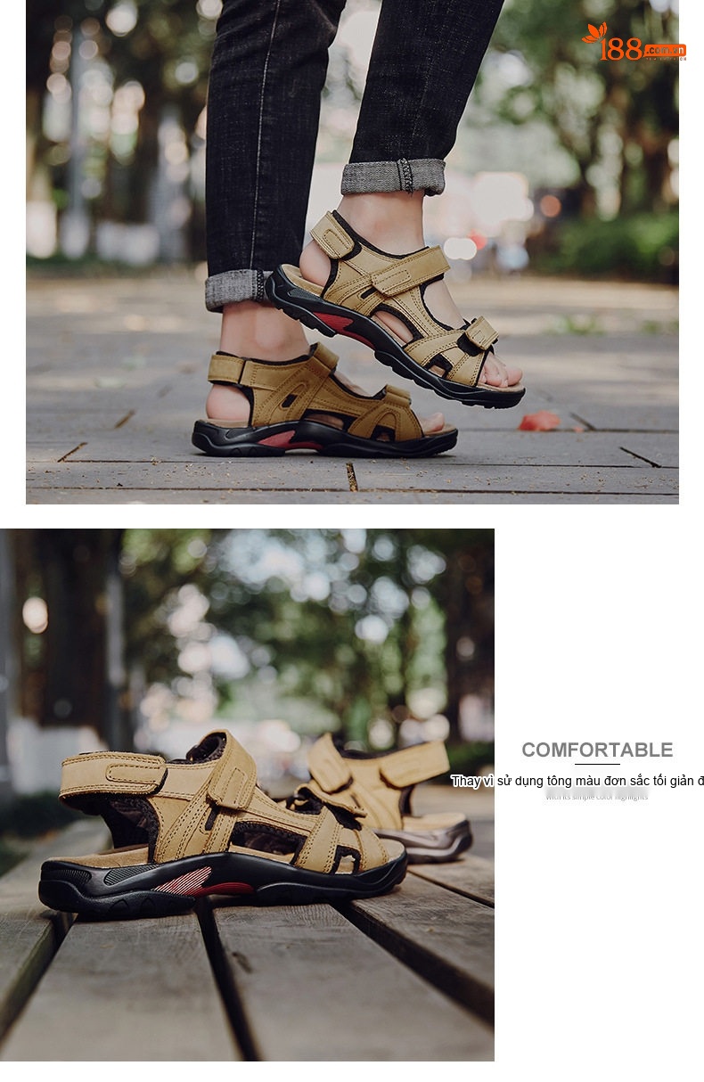 Dép Sandal Nam Da Thật Hở Ngón Thoáng Khí Chống Mòn Chiều Cao Đế Khoảng 3cm Màu Nâu, Be chi tiết 8