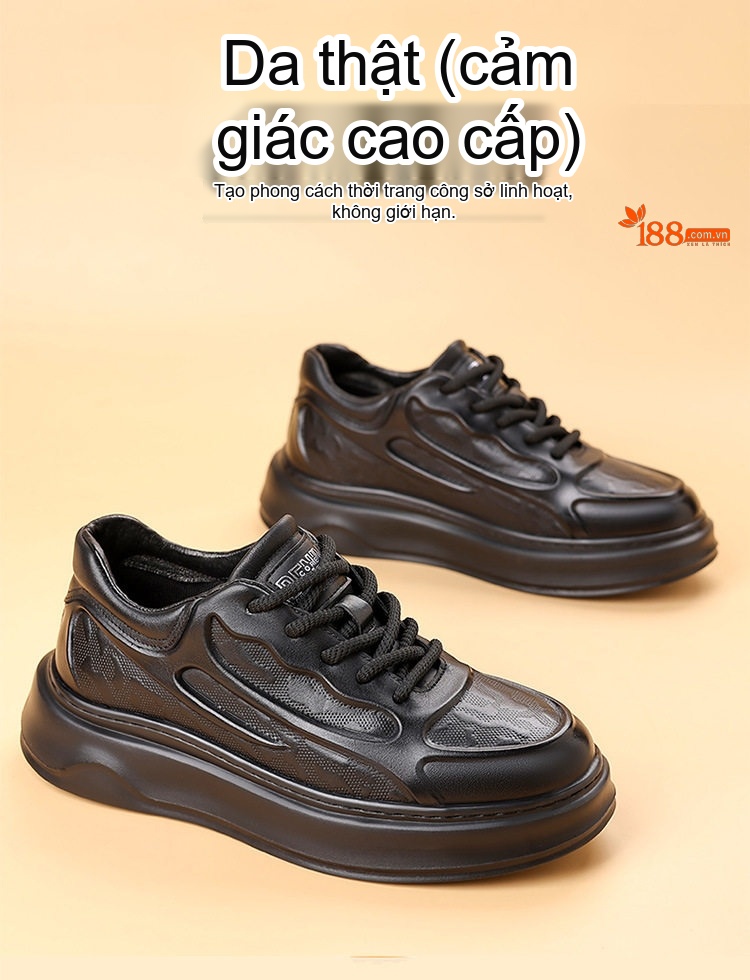 Giày Sneaker Nam Da Bò Mềm Mại Chiều Cao Đế Khoảng 4cm Màu Đen chi tiết 3