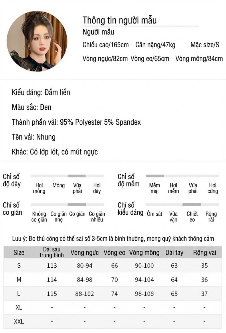 Váy Đầm Tiểu Thư Nữ Nhung Tăm Dáng Dài Tay Dài Cổ Nơ Xẻ Tà Màu Đen chi tiết 2