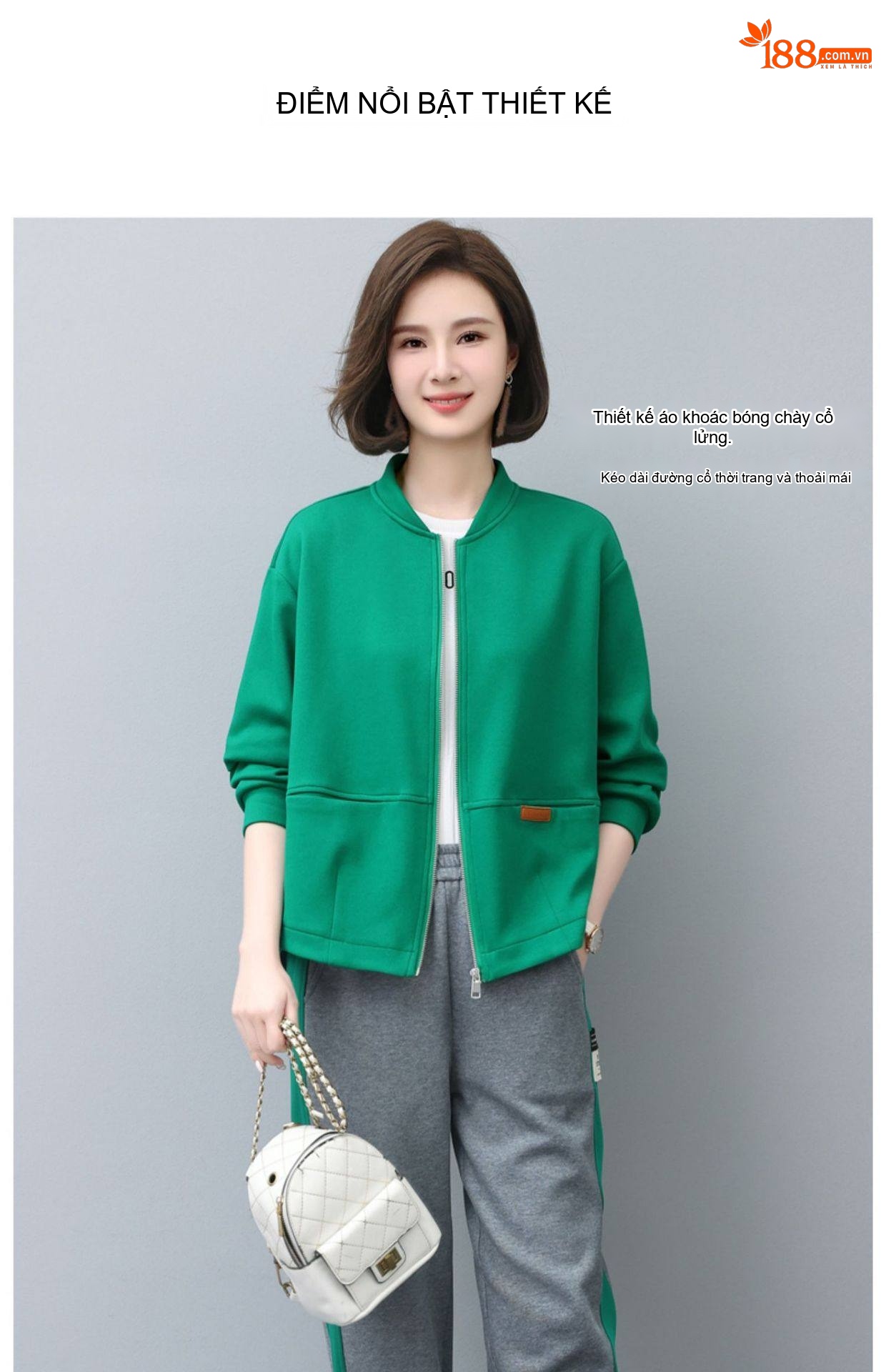 Bộ Đồ Thể Thao Nữ Thu Đông Áo Khoác Dáng Bomber Quần Dài Màu Xanh Lá, Cam, Xám, Đen chi tiết 4