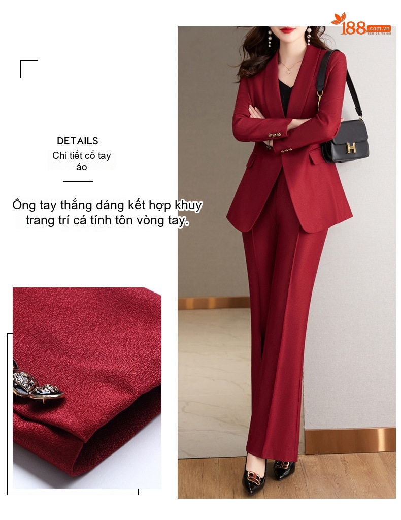 Set Bộ Vest Nữ Quần Ống Rộng Dáng Ôm Thanh Lịch Màu Đỏ, Xanh Lá, Đen chi tiết 12