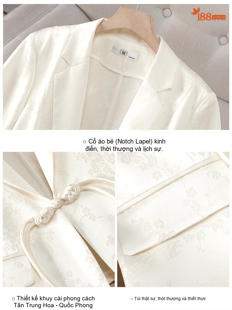 Áo Khoác Blazer Nữ Tay Lửng Phong Cách Trung Hoa Cổ Điển Dáng Ôm Màu Trắng, Đen chi tiết 5