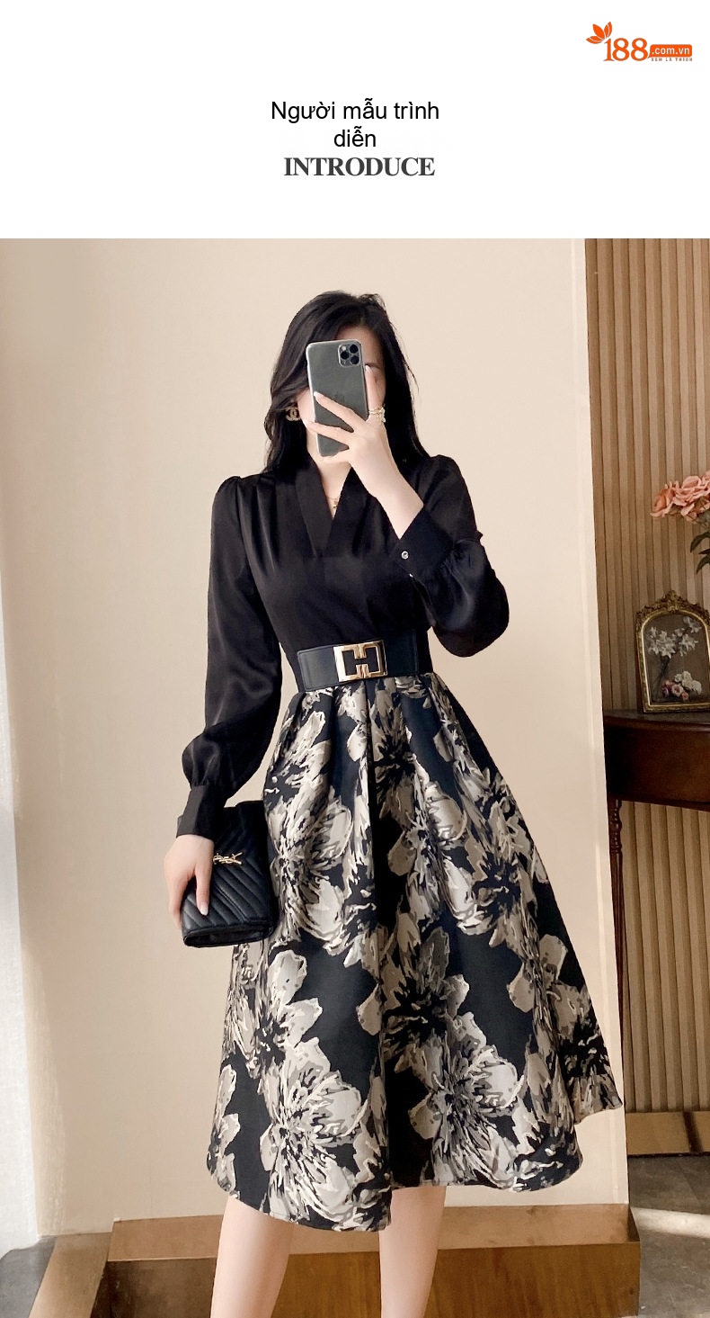 Váy liền thân Nữ Thiết Kế Giả Hai Lớp Tay Dài Họa Tiết Hoa Nhí Eo Thun Dáng Chữ A Màu Đen, Trắng chi tiết 7