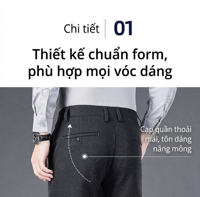 Quần Âu Nam Mềm Mại Wool Co Giãn Dáng Ôm Vừa Màu Xám, Nâu, Đen chi tiết 3