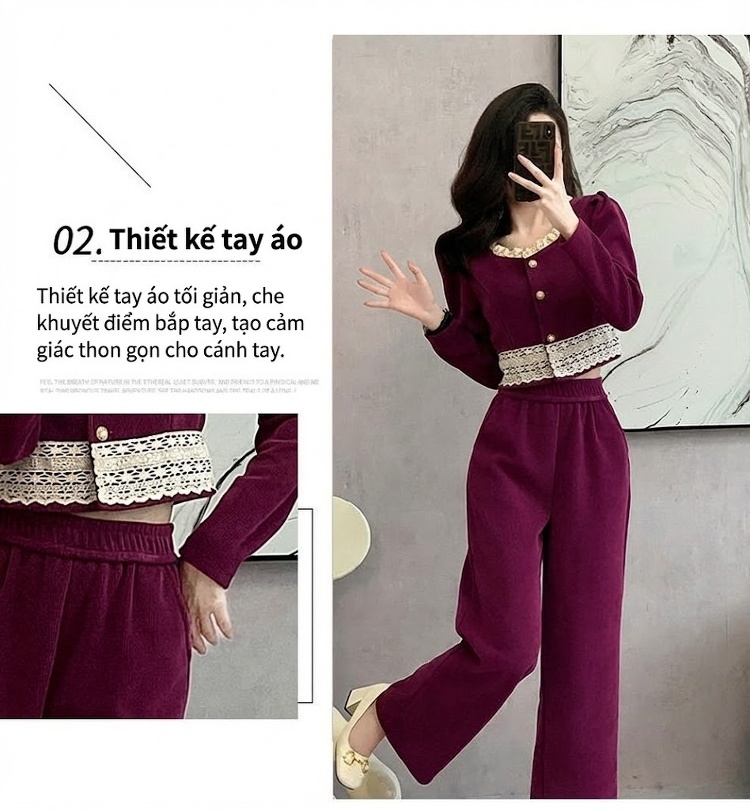 Bộ Áo Khoác Ren và Quần Ống Rộng Nữ Phong Cách Thanh Lịch Màu Đỏ Rượu, Đen chi tiết 5