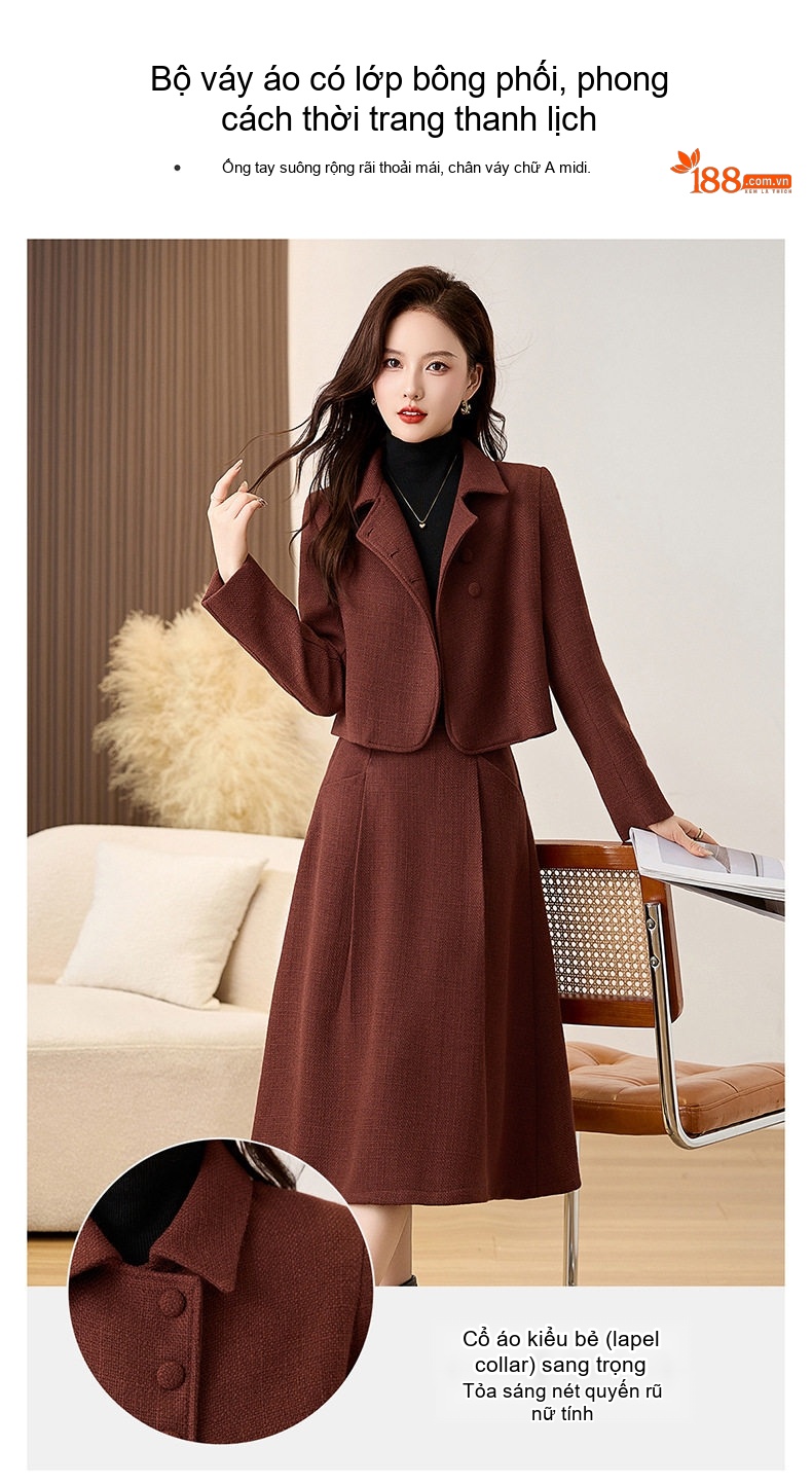 Set Áo Khoác Lửng Tay Dài Vải Flanel Chần Bông Và Chân Váy Midi Phong Cách Tiểu Thư Màu Nâu Đỏ, Xanh Rêu chi tiết 9