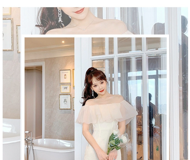 Váy Ôm Body Nữ Hở Vai Lưới Tay Bồng Bèo Nhún Phong Cách Tiểu Thư Màu Trắng Kem chi tiết 1