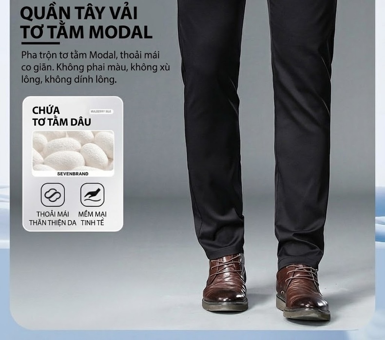 Quần Tây Nam Lụa Tằm Mỏng Mát Dáng Suông Rộng Cạp Cao Màu Đen chi tiết 2