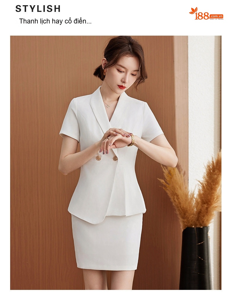 Áo Vest Tay Ngắn Nữ Công Sở Thanh Lịch Màu Trắng, Đen, Xanh Than chi tiết 7