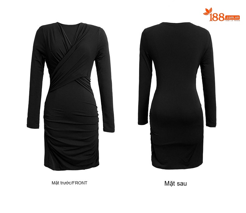 Đầm Ôm Body Dài Tay Cổ chữ V Xếp Ly Phong Cách Gợi Cảm Màu Đen chi tiết 6