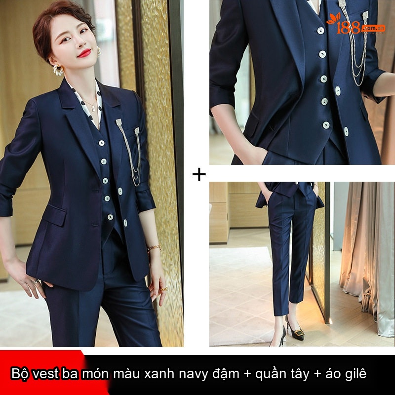 Bộ Vest Nữ Công Sở Áo Khoác Quần Dài và Áo Gile Phong Cách Hàn Quốc Màu Hồng, Xanh Navy, Trắng