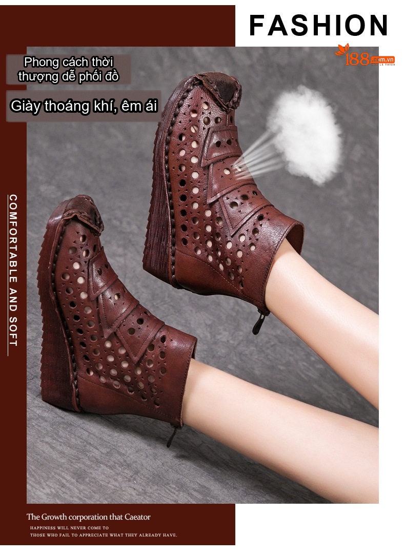Giày Boot Nữ Da Bò Lỗ Thoáng Khí Gót Xuồng Chiều Cao Đế Khoảng 4cm Màu Nâu, Đen chi tiết 2