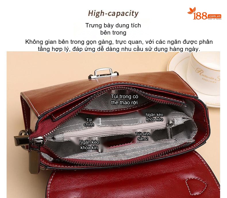 Túi Đeo Vai Nữ Da Thật Thiết Kế Nắp Gập Đeo Chéo Phong Cách Hàn Quốc Màu Đỏ, Đen, Nâu chi tiết 9