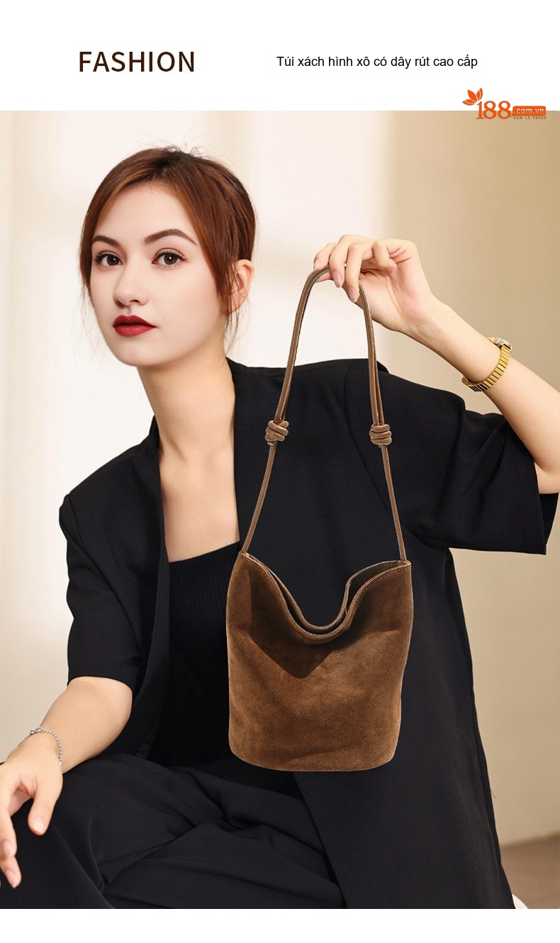 Túi Đeo Chéo Nữ Da Thật Suede Túi Xách Tay Mini Da Bò Mờ Phong Cách Thu Đông Màu Nâu, Đen chi tiết 2