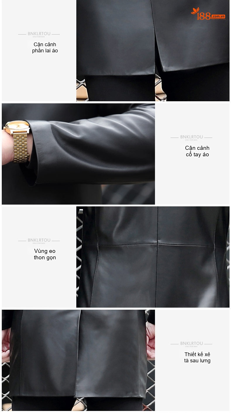 Áo Khoác Da Thật Nam Dáng Dài Haining Da Cừu Phong Cách Blazer Màu Đen chi tiết 12
