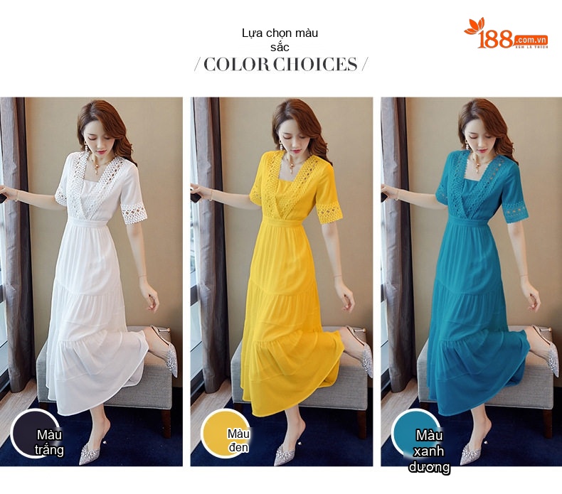 Váy Midi Nữ Xòe Nhẹ Cổ chữ Vuông Tay Lỡ Chất Liệu Voan Thích Hợp Đi Biển Màu Trắng, Xanh, Vàng chi tiết 2