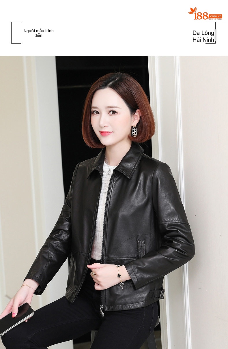 Áo Khoác Da Cừu Nữ Dáng Ngắn Thiết Kế Thanh Lịch Màu Đen chi tiết 5