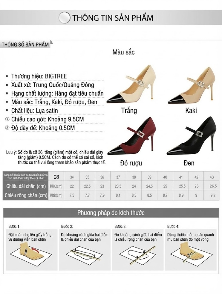 Giày Cao Gót Nữ Mũi Nhọn Quai Ngang Đính Đá Chiều Cao Đế Khoảng 8cm Màu Kem, Đen, Đỏ Rượu Vang chi tiết 1