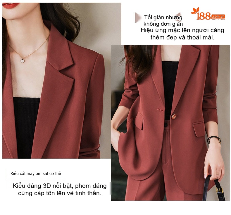 Bộ Vest Công Sở Nữ Tay Dài Dáng Ôm Màu Đen, Nâu, Đỏ Gạch chi tiết 5