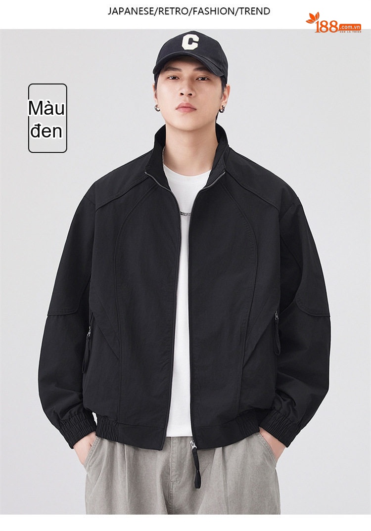Áo Khoác Bomber Nam Cổ Trụ Dáng Rộng Phong Cách Mỹ Màu Đen, Tím chi tiết 13